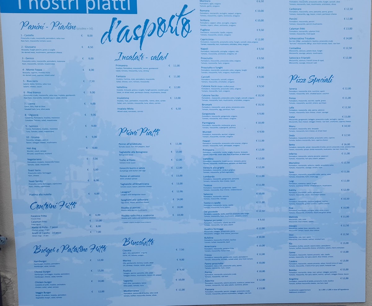 Riva Bianca Bar Pizzeria Menu - Image 1